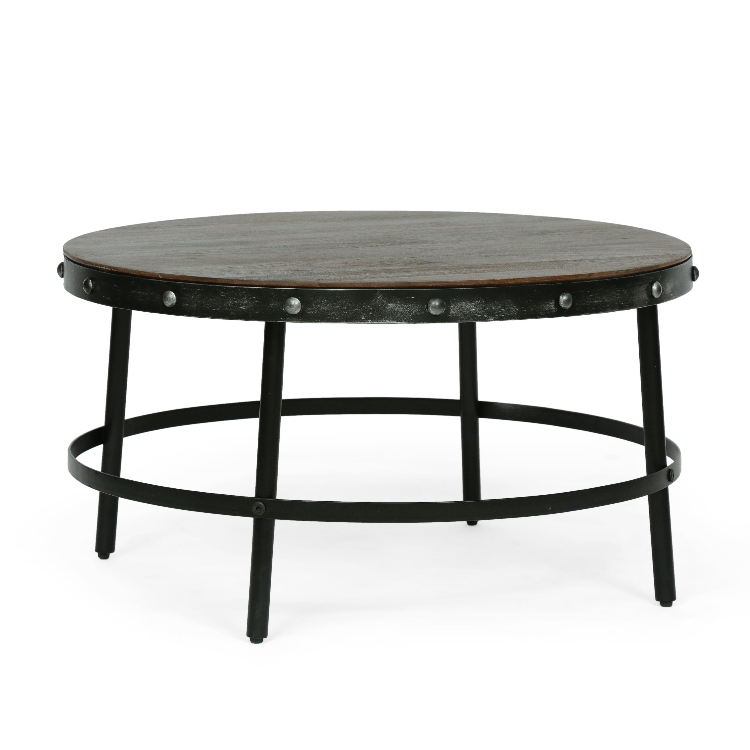 Clopton Modern Industrial Handcrafted Round Mango Wood Coffee Table, Brown and Antique Gunmetal