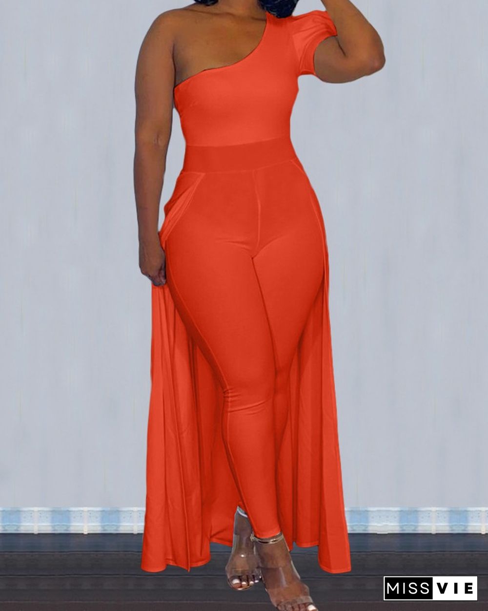 Solid Color One Shoulder Jumpsuit With Skirt