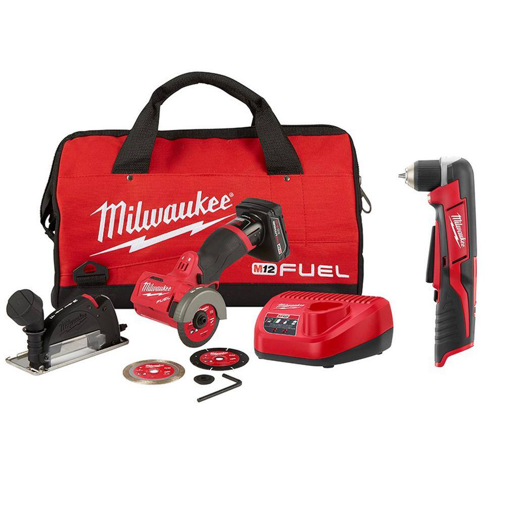 MW M12 FUEL 12V 3 in. Lithium-Ion Brushless Cordless Cut Off Saw Kit with M12 38 in. Right Angle Drill 2522-21XC-2415-20