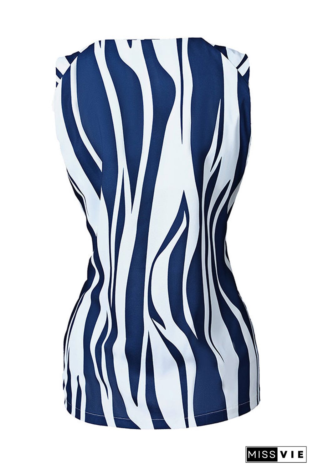 Blue Abstract Striped V Neck Knotted Straps Tank Top