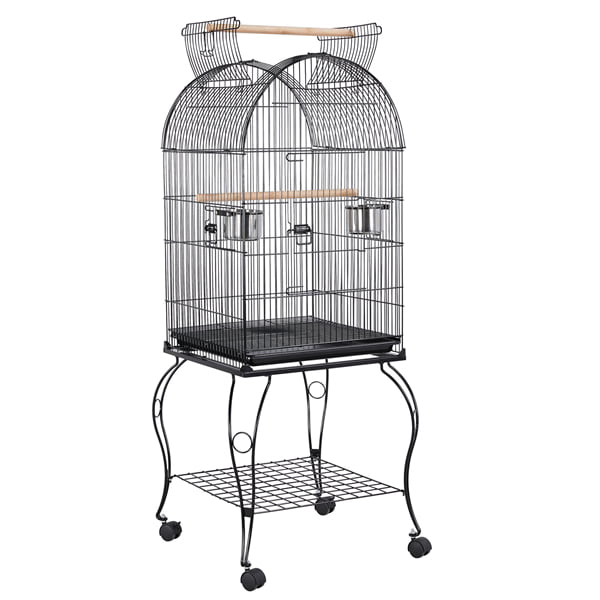 SMILE MART Metal Rolling Bird Cage with 2 Feeders and 2 Wooden Perches， Black