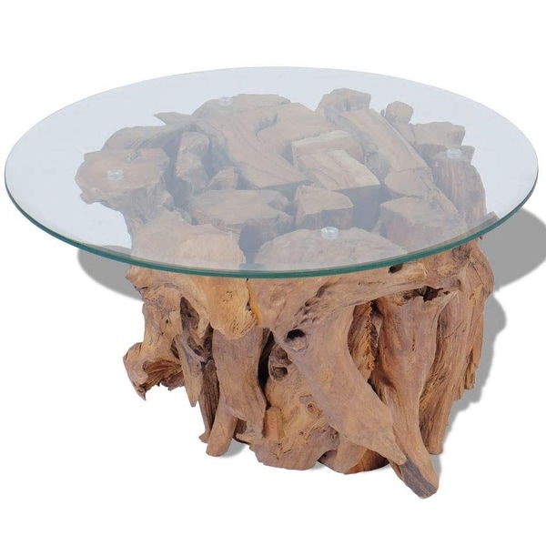 Solid Teak Driftwood Coffee Table with Strong Tempered Glass and Teak Base Living Room Side Tea Stand - as picture