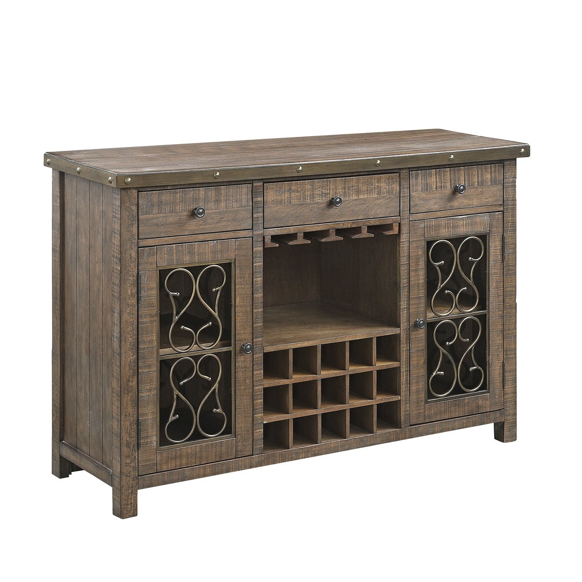 2 Doors and 3 Drawers Wood Server with Metal Hardware in Weathered Cherry