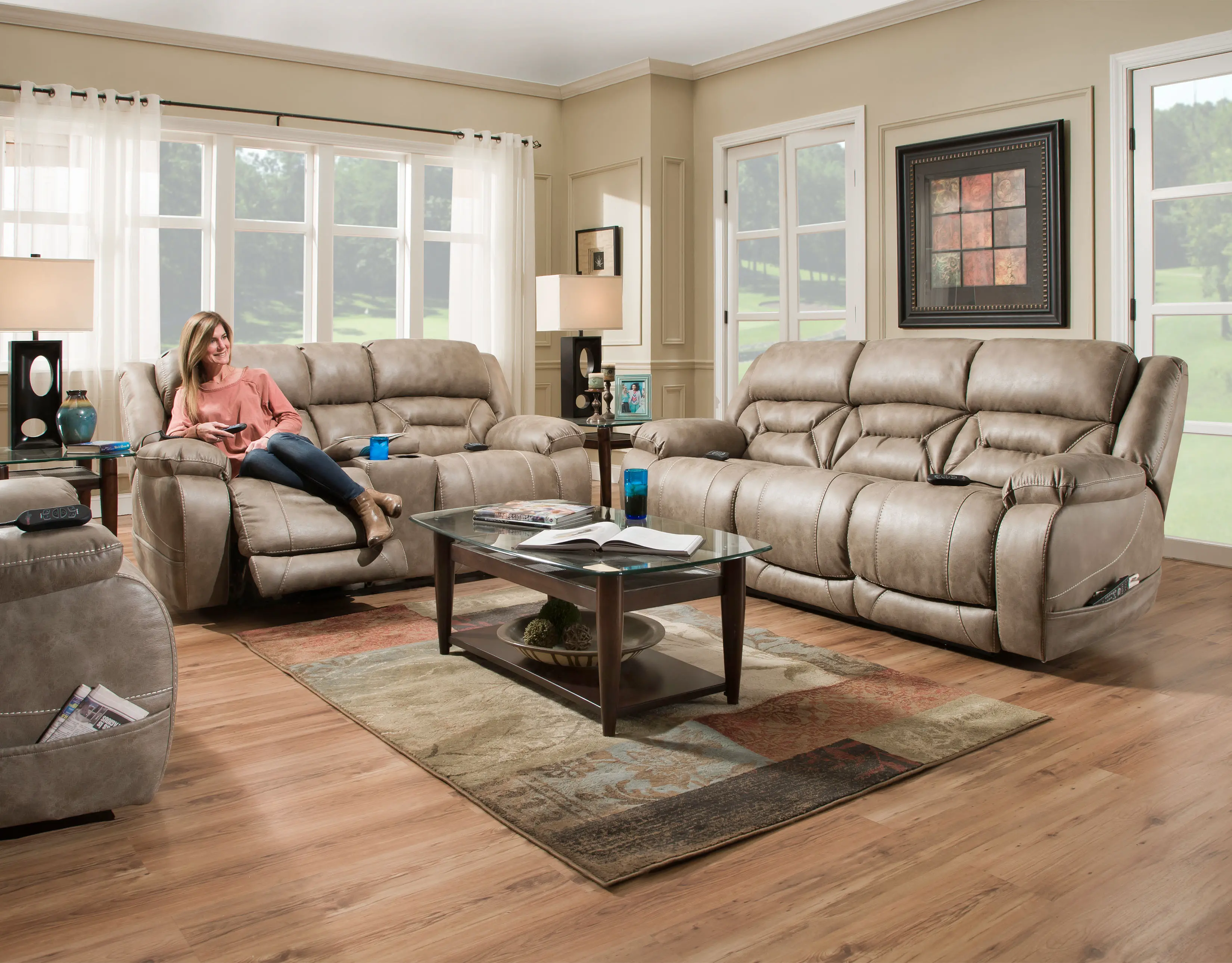 Enterprise Light Mushroom Brown Power Reclining Sofa with Power Headrests