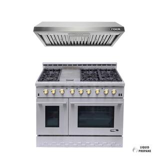 NXR Entree Bundle 48 in. 7.2 cu.ft. Pro-Style Liquid Propane Gas Range Convection Oven and Hood in Stainless Steel and Gold NK4811LPEHBD-G