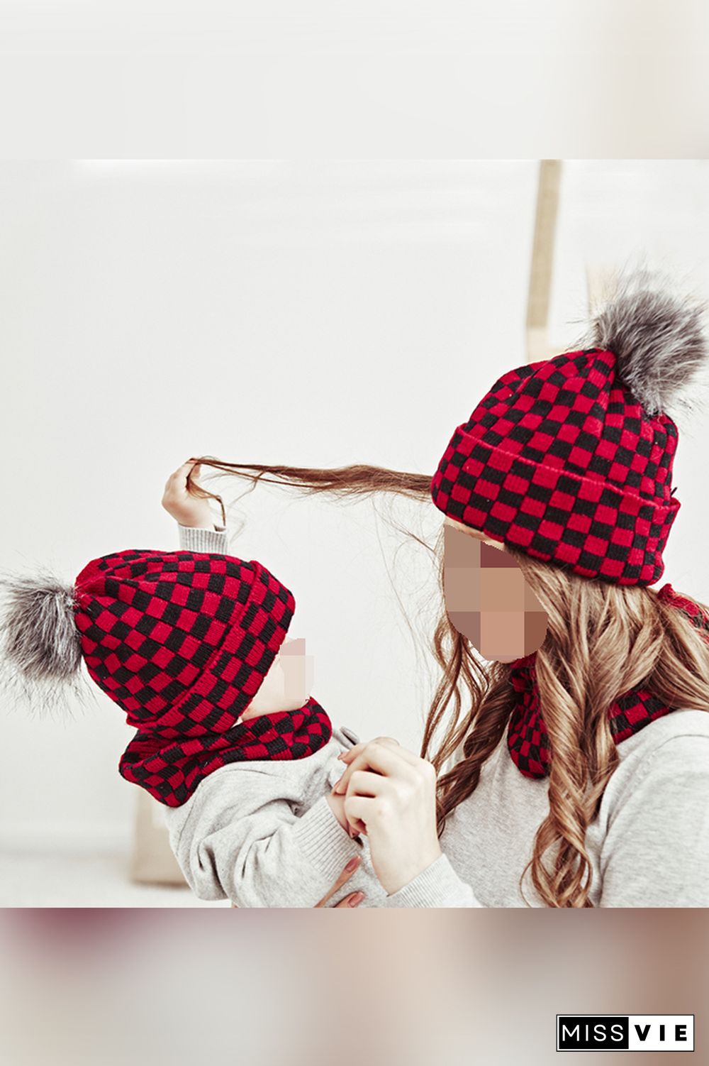 Black White Red Plaid Parent-child Knitted Hat & Scarf 4pcs Set Wholesale MOQ3pcs