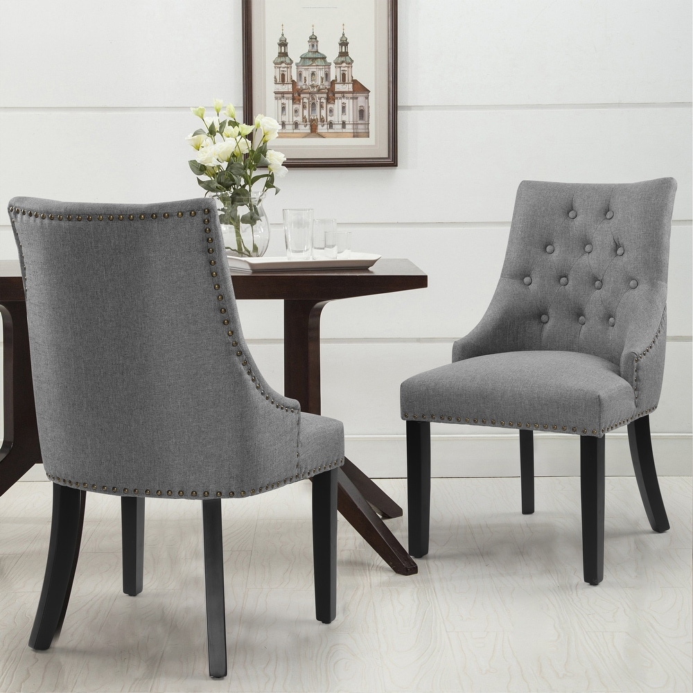 Fabric Upholstered Dining Chairs Button Tufted Nailhead Trim Accent Chairs Set of 2