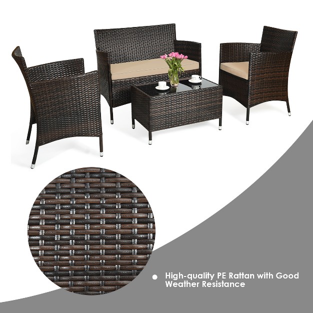 Tangkula 4pcs Patio Rattan Conversation Furniture Set Outdoor W Brown amp Gray Cushion