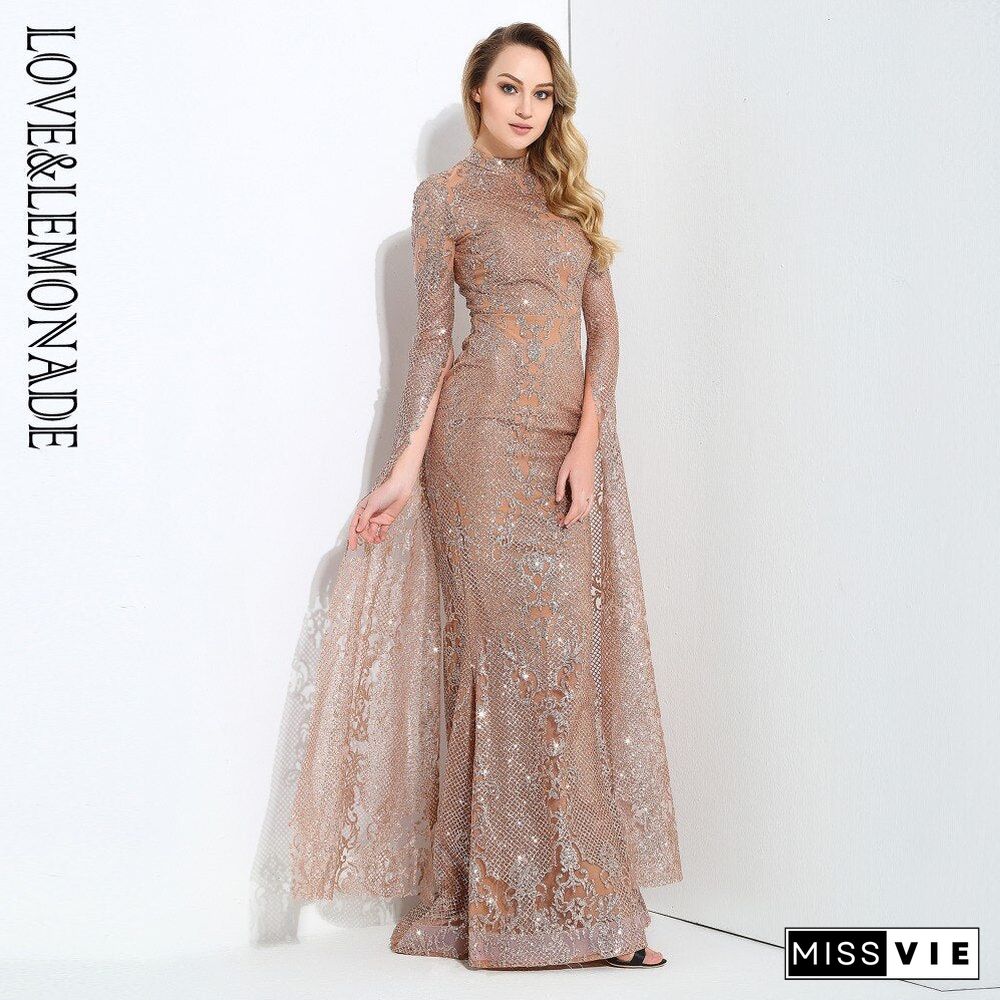 Rose Gold Cut Out Speaker Long Sleeve Geometry Glitter Glued Long Dress LM80950