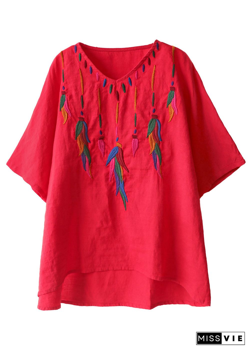 Classy Red Embroideried low high design V Neck Linen Shirt Top Short Sleeve