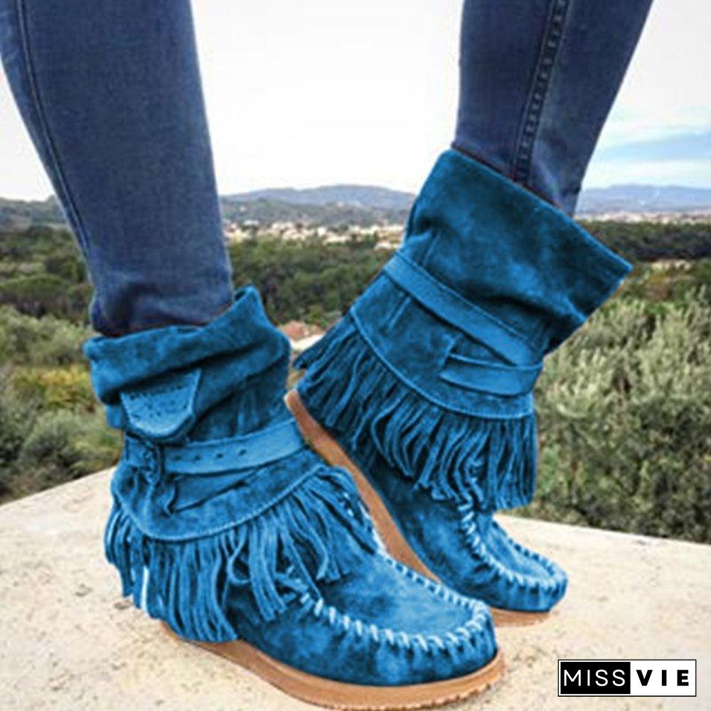 Women's Fringe Round Toe Retro Boots