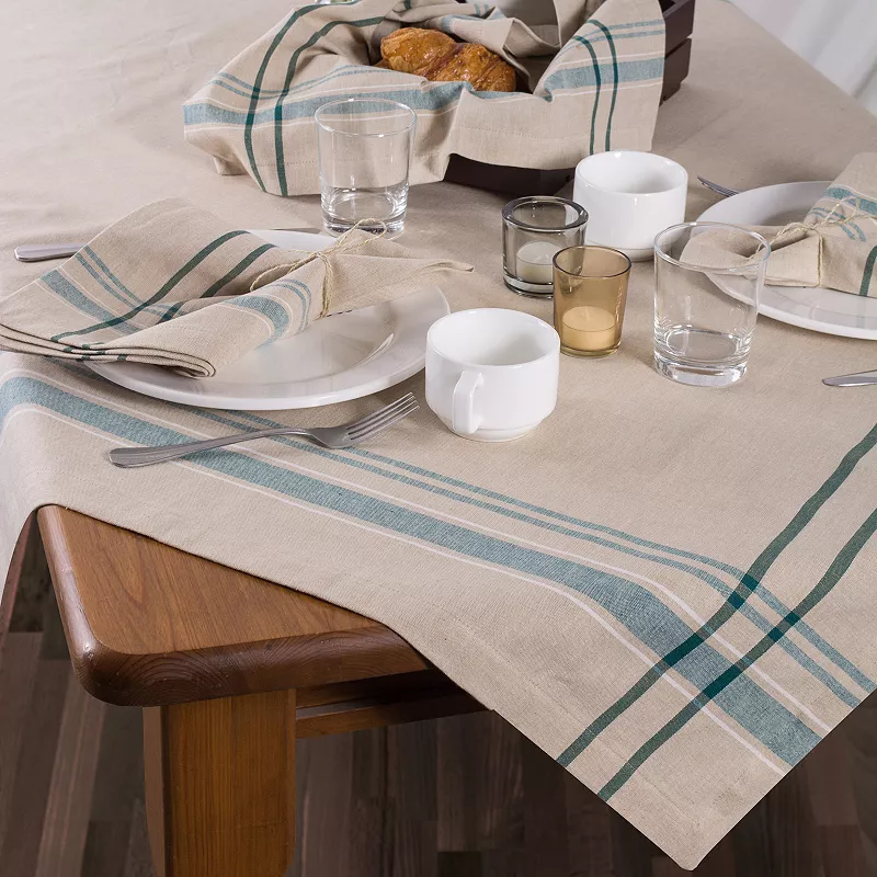 White and Teal French Striped Chambray Rectangular Tablecloth 60 x 84