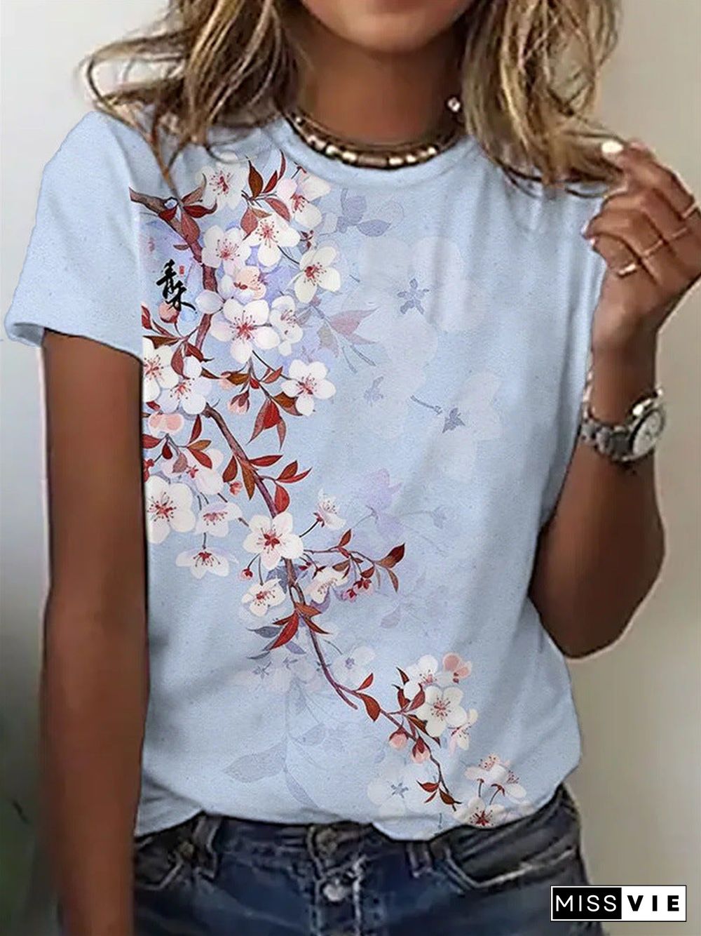 Women's Flower Print Short Sleeve Round Neck Casual Top T-Shirt