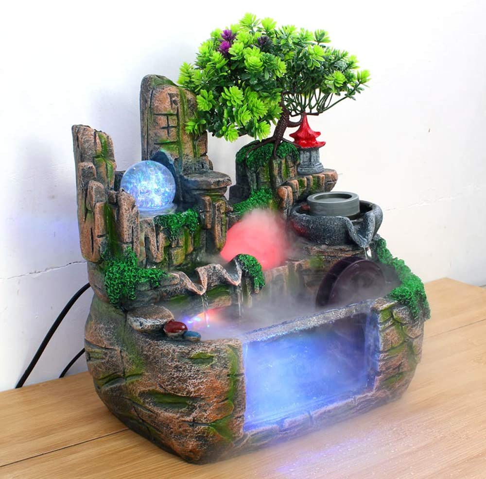 TFCFL Desktop Fountain Ornament Waterfall Rockery Humidifier W/ LED Light Office Decor