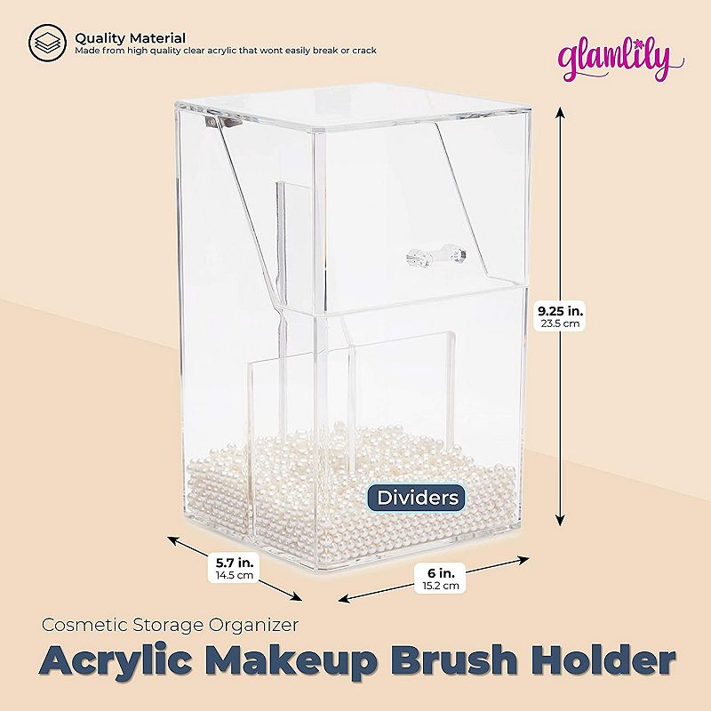 Acrylic Makeup Brush Holder with Lid and Beads Cosmetic Storage Organizer (6 x 5.7 x 9.25 In)