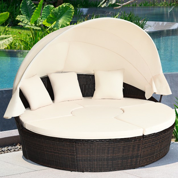 Tangkula Outdoor Patio Rattan Daybed Wicker Adjustable Cushioned Sofas