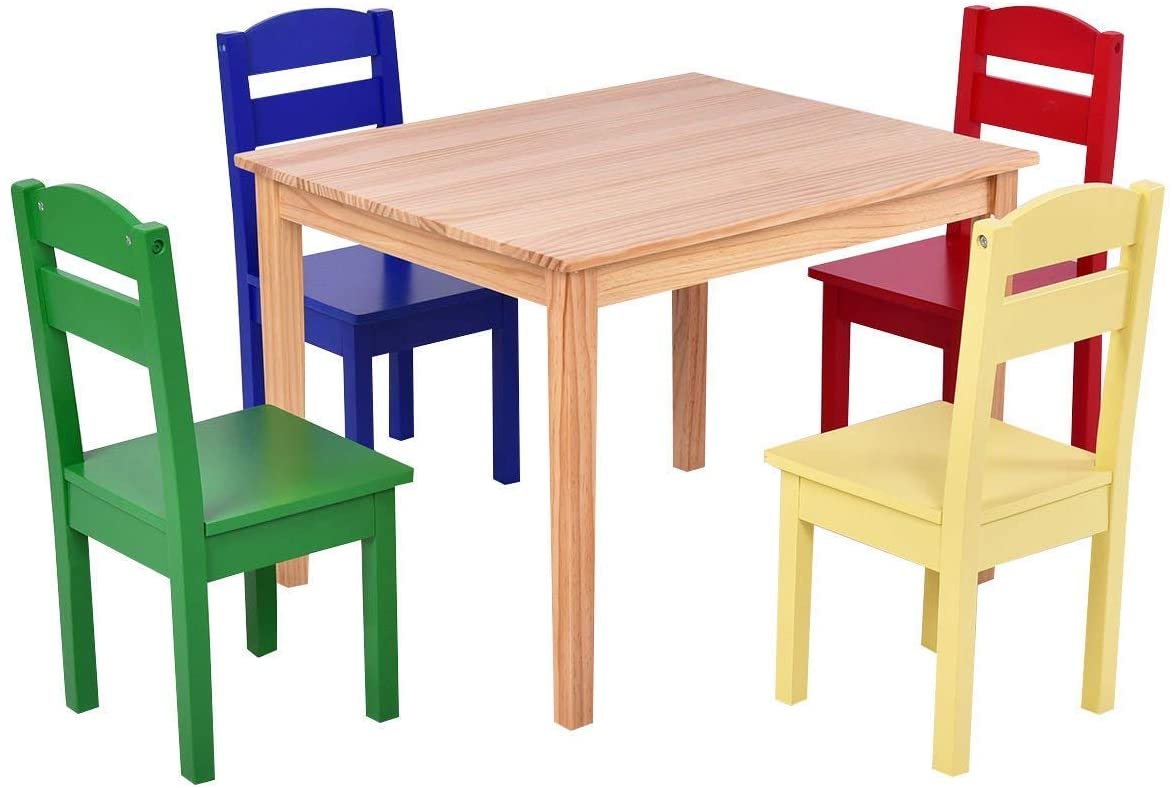 Kids Table and Chair Set, 5 Piece Wood Activity Table & Chairs for Children Arts Crafts