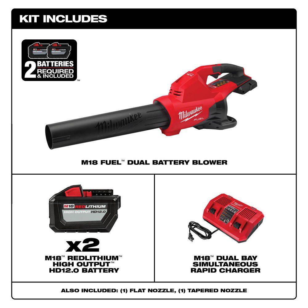 MW M18 FUEL 18V Brushless Cordless Dual Battery 145 MPH 600 CFM Blower with Dual Bay Rapid Charger  Two 12Ah HO Batteries 2824-20-48-11-1812-48-11-1812-48-59-1802