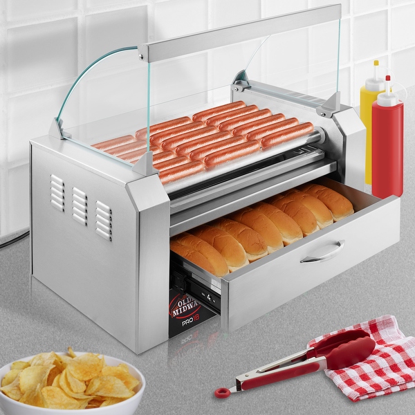 Electric Hot Dog Roller Grill Cooker Machines with Bun Warmer and Cover - Silver