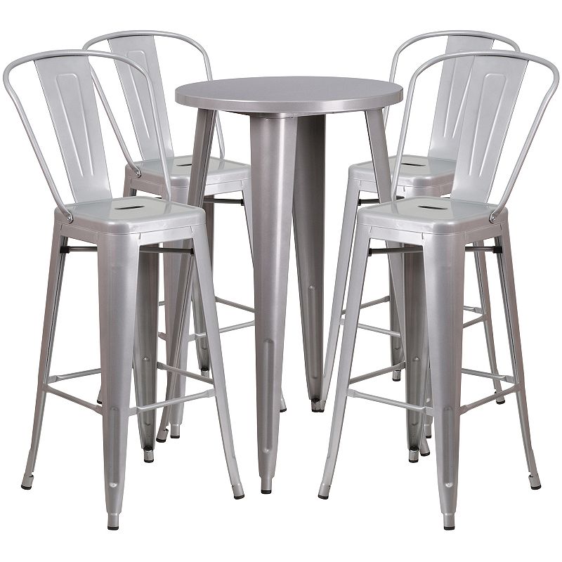 Merrick Lane Eleanore 5 Piece Outdoor Dining Set in Blue with 24 Round Table and 4 Slatted Back Bar Stools with Footrests