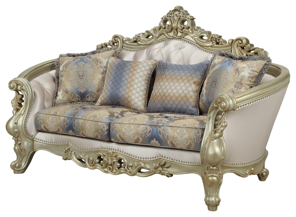 Curved Design Loveseat With Scrollwork And Crystal Tufting  Silver And Gold   Victorian   Loveseats   by VirVentures  Houzz