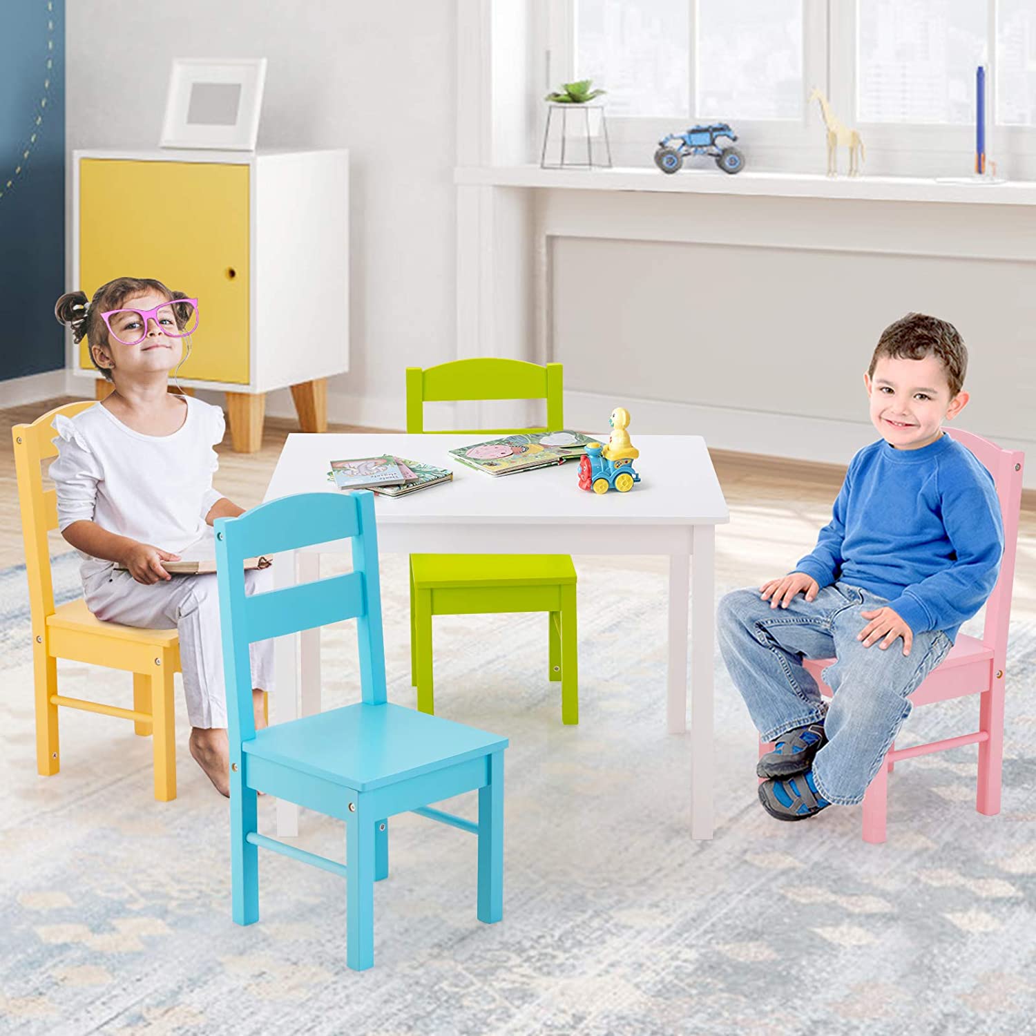 Kids Table and Chair Set, 5 Piece Wood Activity Table & Chairs for Children Arts