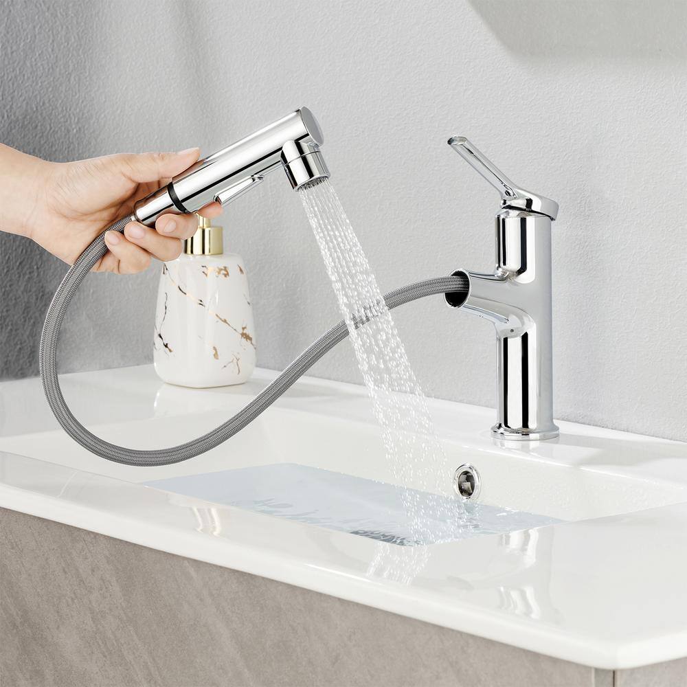 GIVING TREE Single Handle Single Hole Deck Mount Bathroom Faucet with Pull Out Sprayer in Chrome HDYN-ZG0050