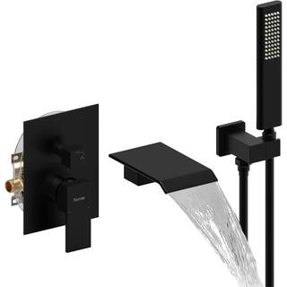 FLG Single-Handle Wall-Mount Roman Tub Faucet with Hand Shower Brass Pressure Balance Waterfall Tub Filler in Matte Black RD-0013-MB