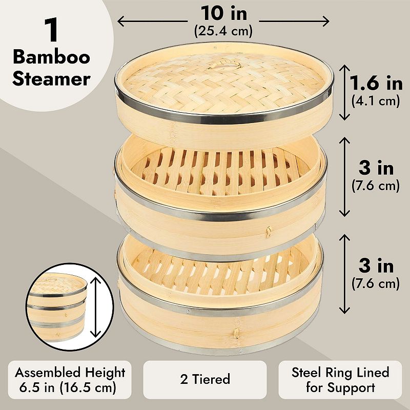 10 Inch Wood Steamer with Steel Rings for Cooking (10 x 6.7 x 10 In)