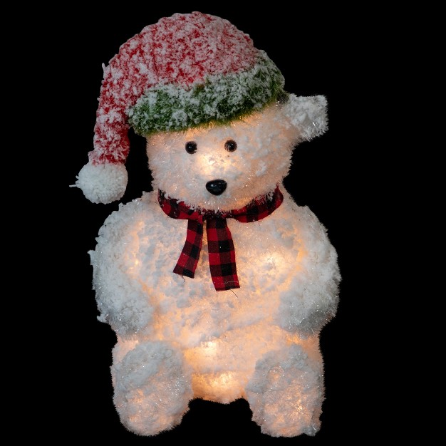 Lighted Snowy Polar Bear In Red Plaid Scarf Outdoor Christmas Decoration