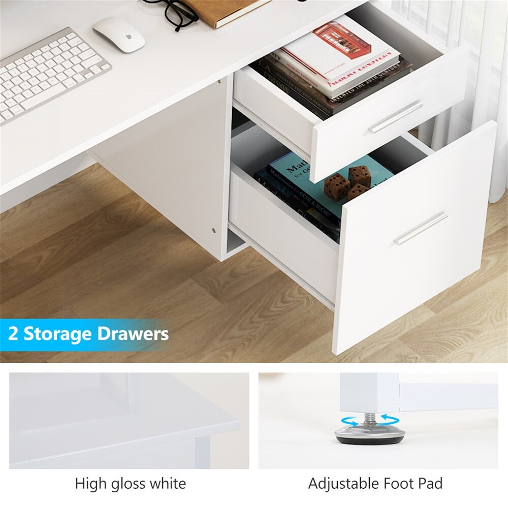 47 Inches White Computer Desk with Hutch  Home Office Desks with 2 Drawers Storage