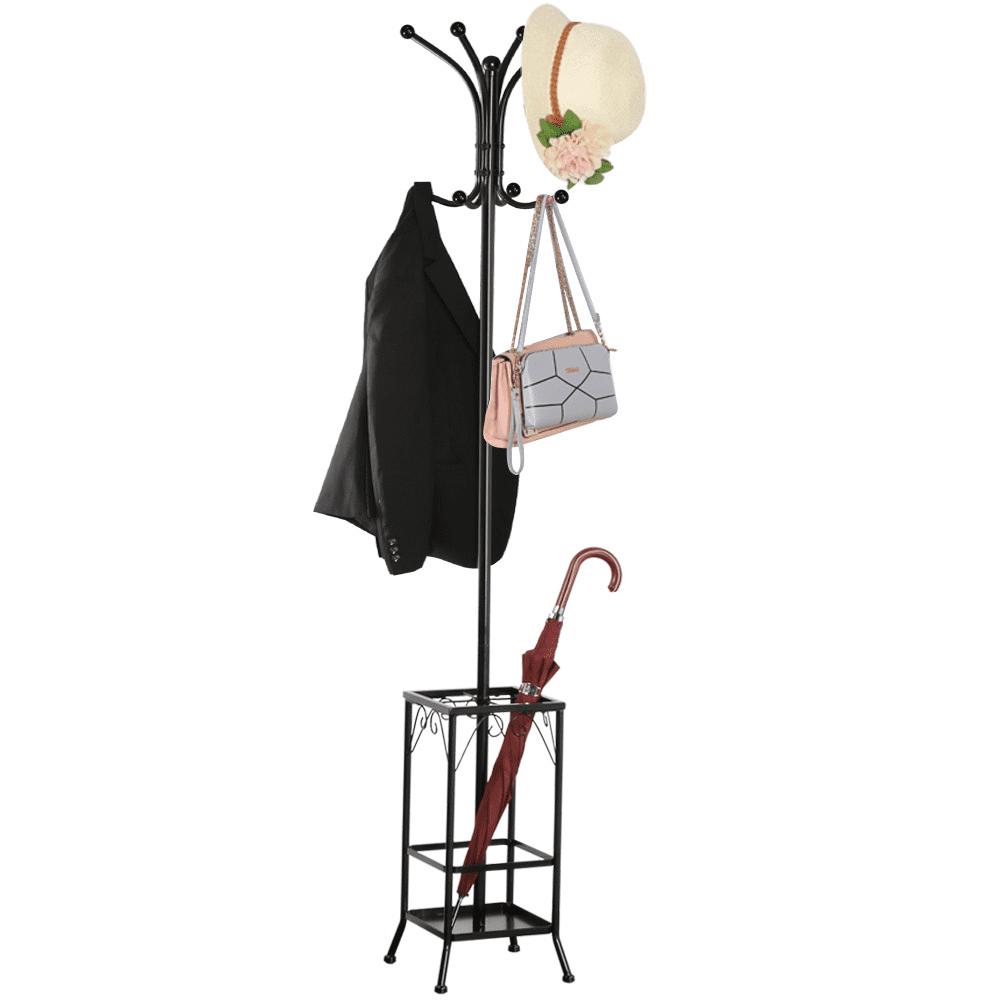 Yaheetech Metal Standing Coat Hat Rack with Umbrella Holder Coat Tree Hanger 8 Hook Solid Base