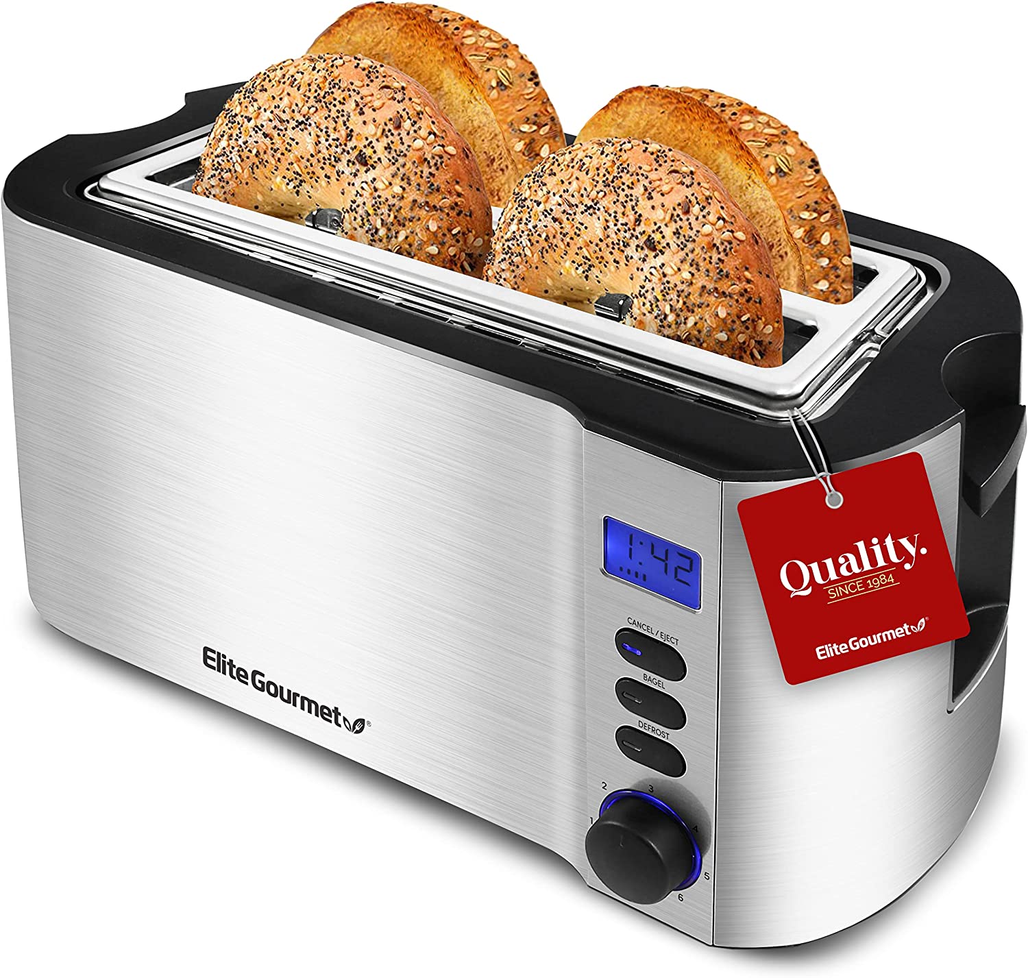 Elite Gourmet ECT4400B# Long Slot 4 Slice Toaster， Countdown Timer， Bagel Function， 6 Toast Setting， Defrost， Cancel Function， Built-in Warming Rack， Extra Wide Slots for Bagel Waffle， Stainless Steel