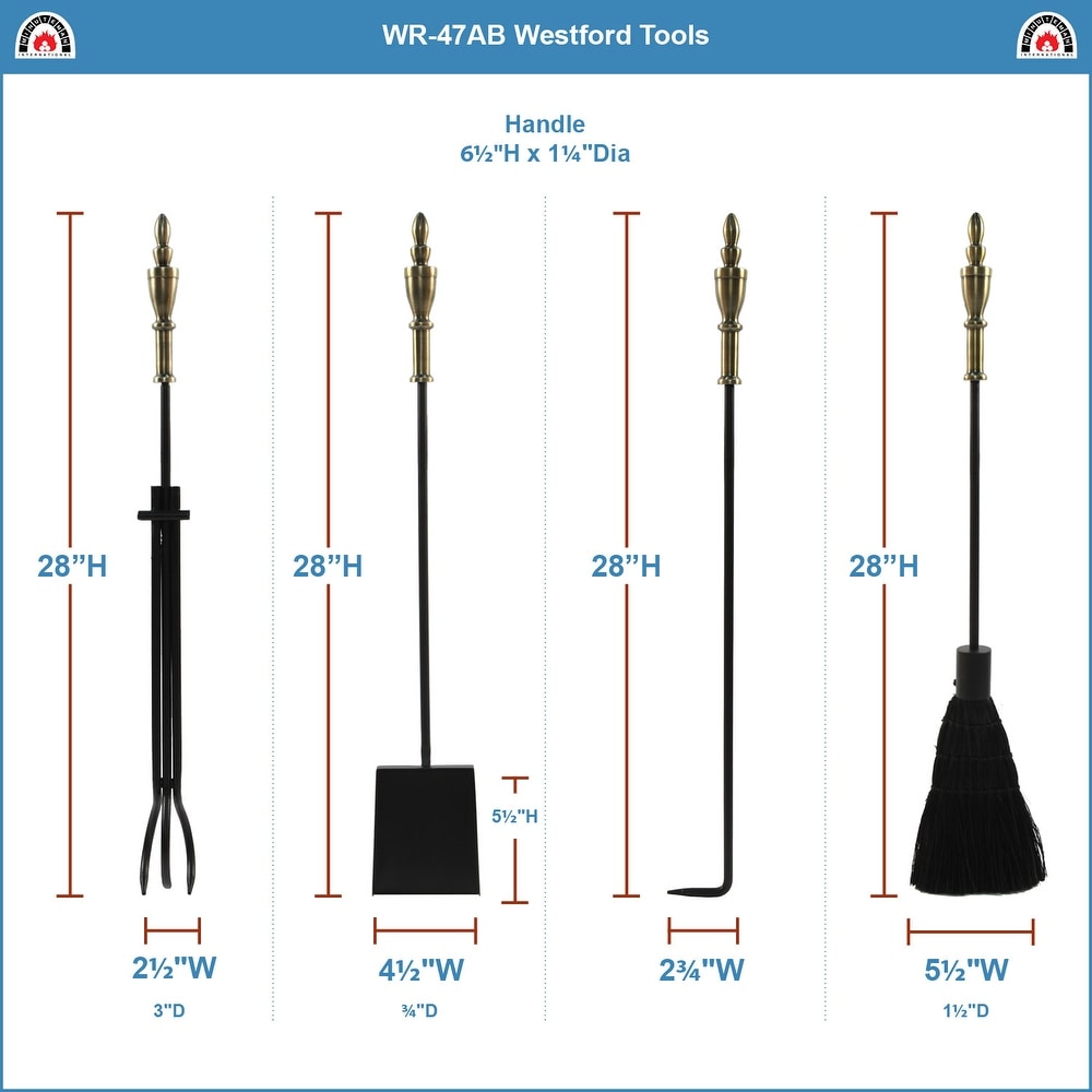 Minuteman International Westford Fireplace Set of 4 Tools  30.5 Inch Tall  Antique Brass and Black