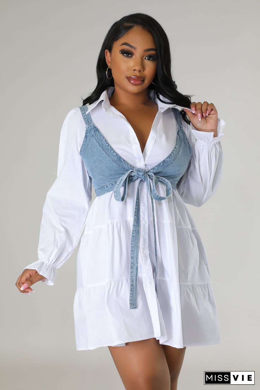 Chic Denim Lace Up Bra+Loose Shirt Dresses Set