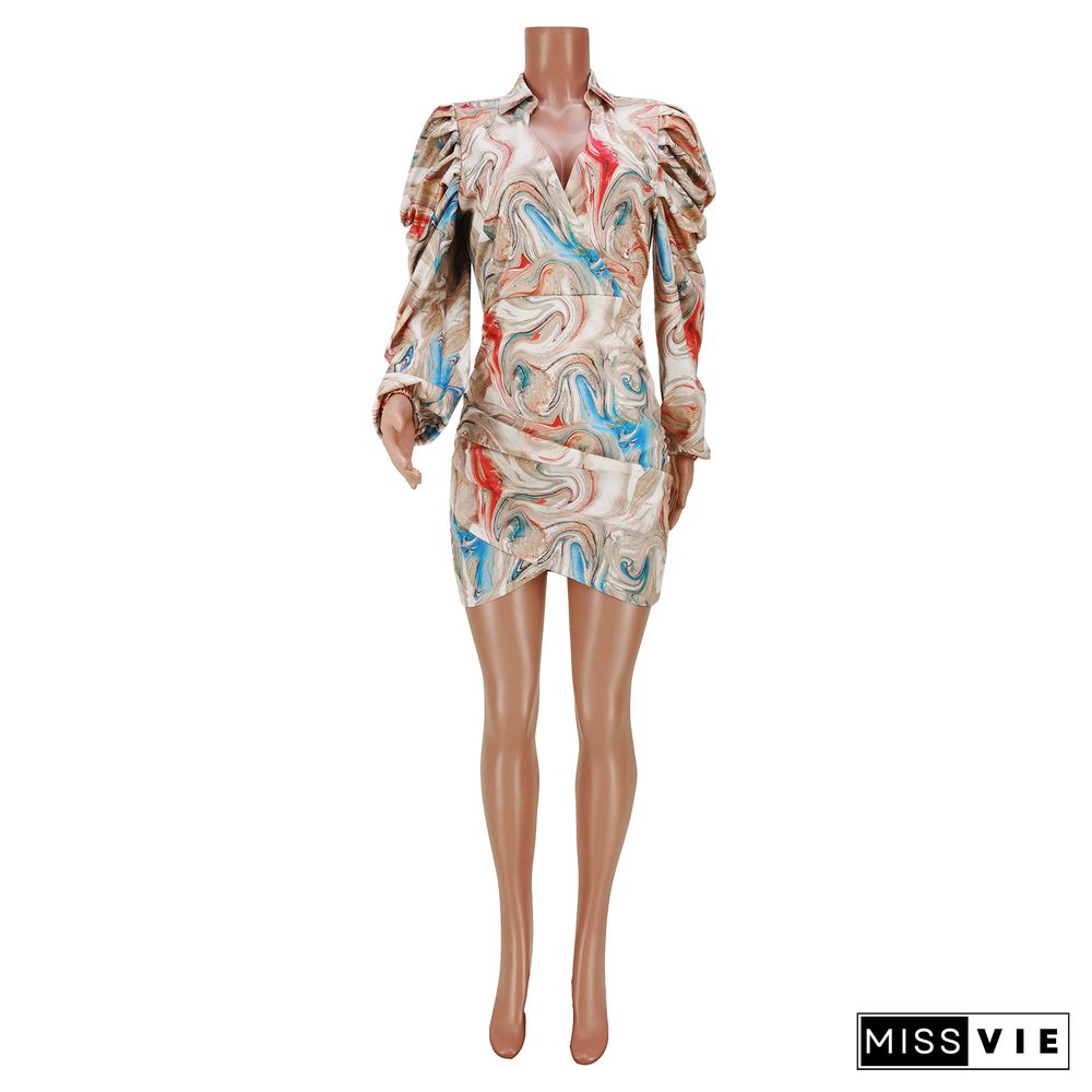 Ruched Lantern Sleeve Deep V Neck Abstract Print Dress