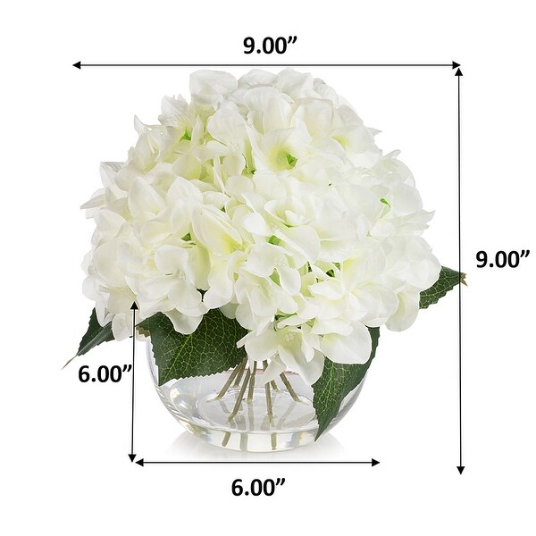 Hydrangea Artificial Flowers in Round Glass Vase with Faux Water，Silk Flower Arrangements in Vase for Home Decor，Wedding Table