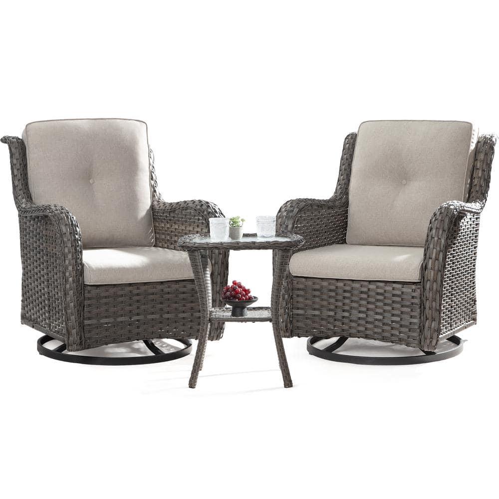 JOYSIDE 3Piece Wicker Patio Swivel Outdoor Rocking Chair Set with Beige Cushions and Table