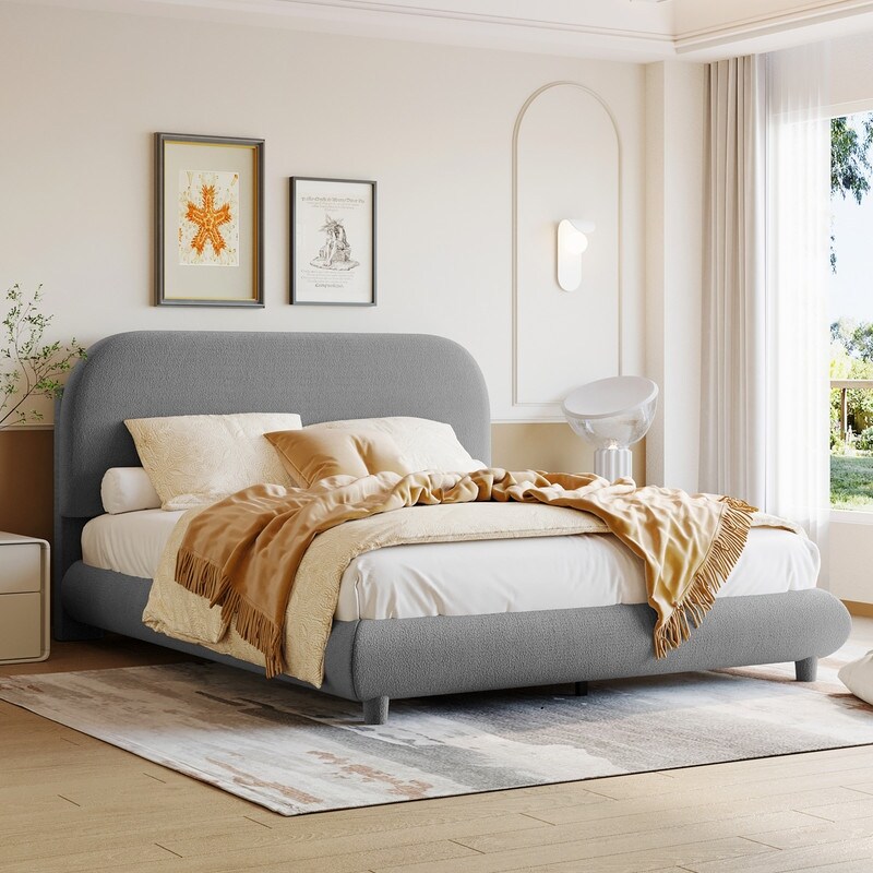 Solid Frame Full Size Upholstered Platform Bed with Thick Fabric  Curve shaped Design