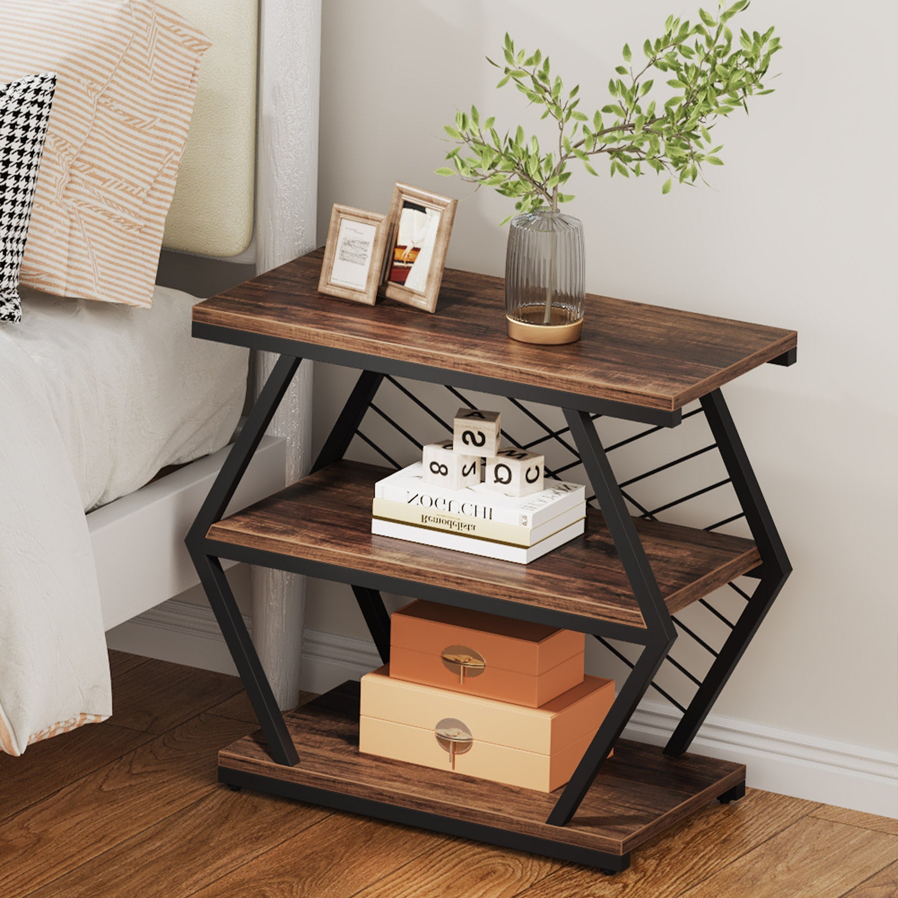 Industrial End Table Side Table with 3 Storage Shelves & Metal Frame