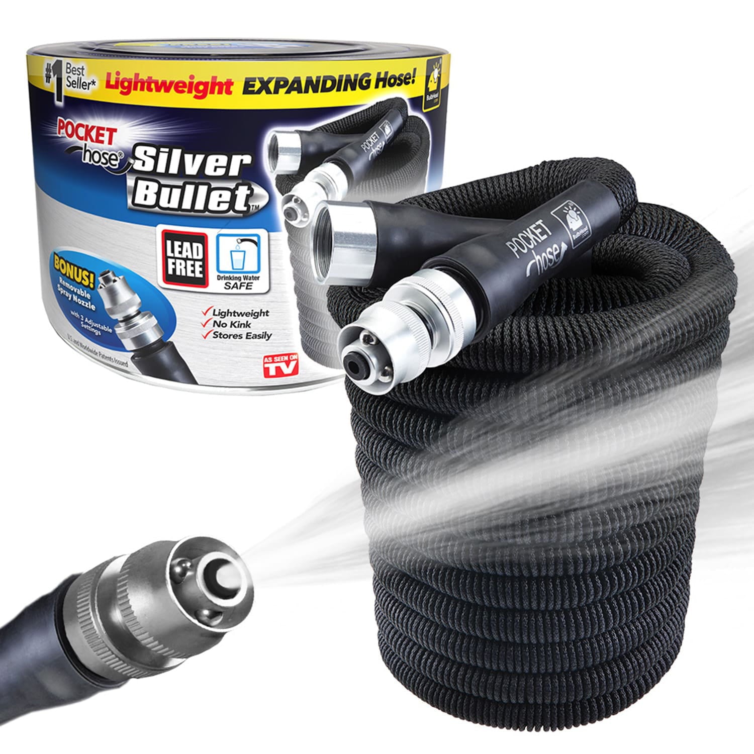 Pocket Hose Original Silver Bullet Water Hose by BulbHead - Expandable Garden Hose That Grows with Lead-Free Aluminum Connectors - Safe Drinking Water Hose (25Feet)