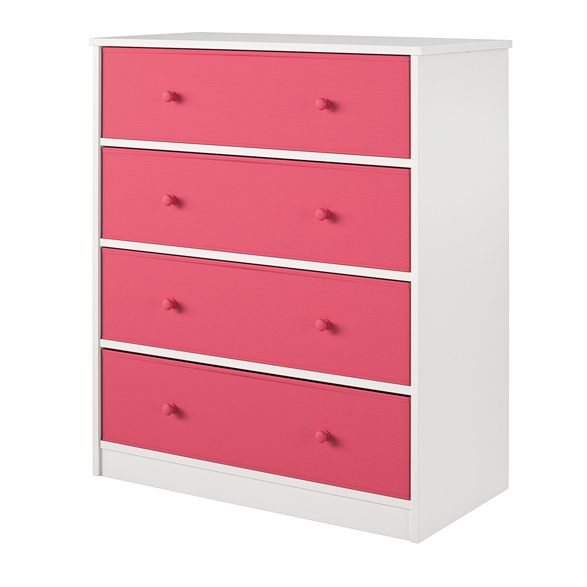 Ameriwood Home Mya Park Tall Dresser with 4 Fabric Bins, White w/ Pink Bins