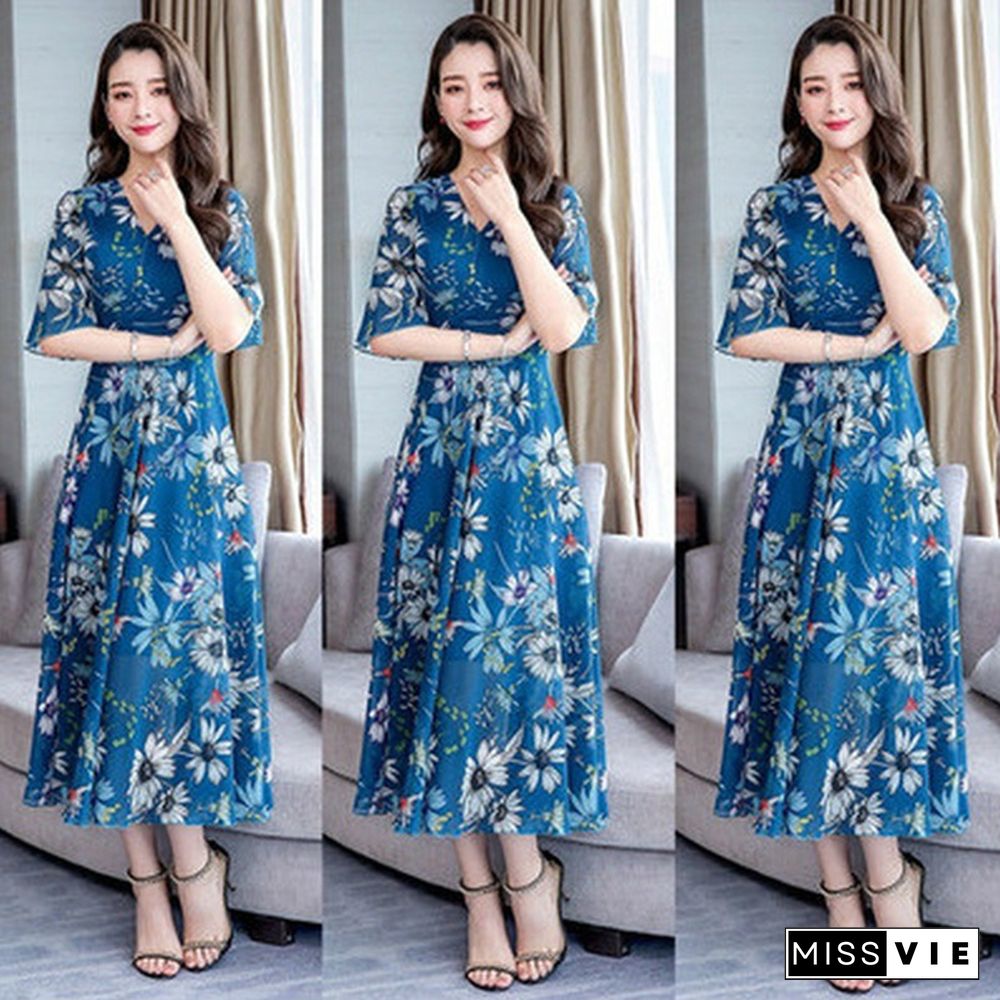 Fashion Floral Print Slim A-Line Dress Elegant Ladies Long Dress Women V-Neck Short Sleeve Chiffon Party Dresses