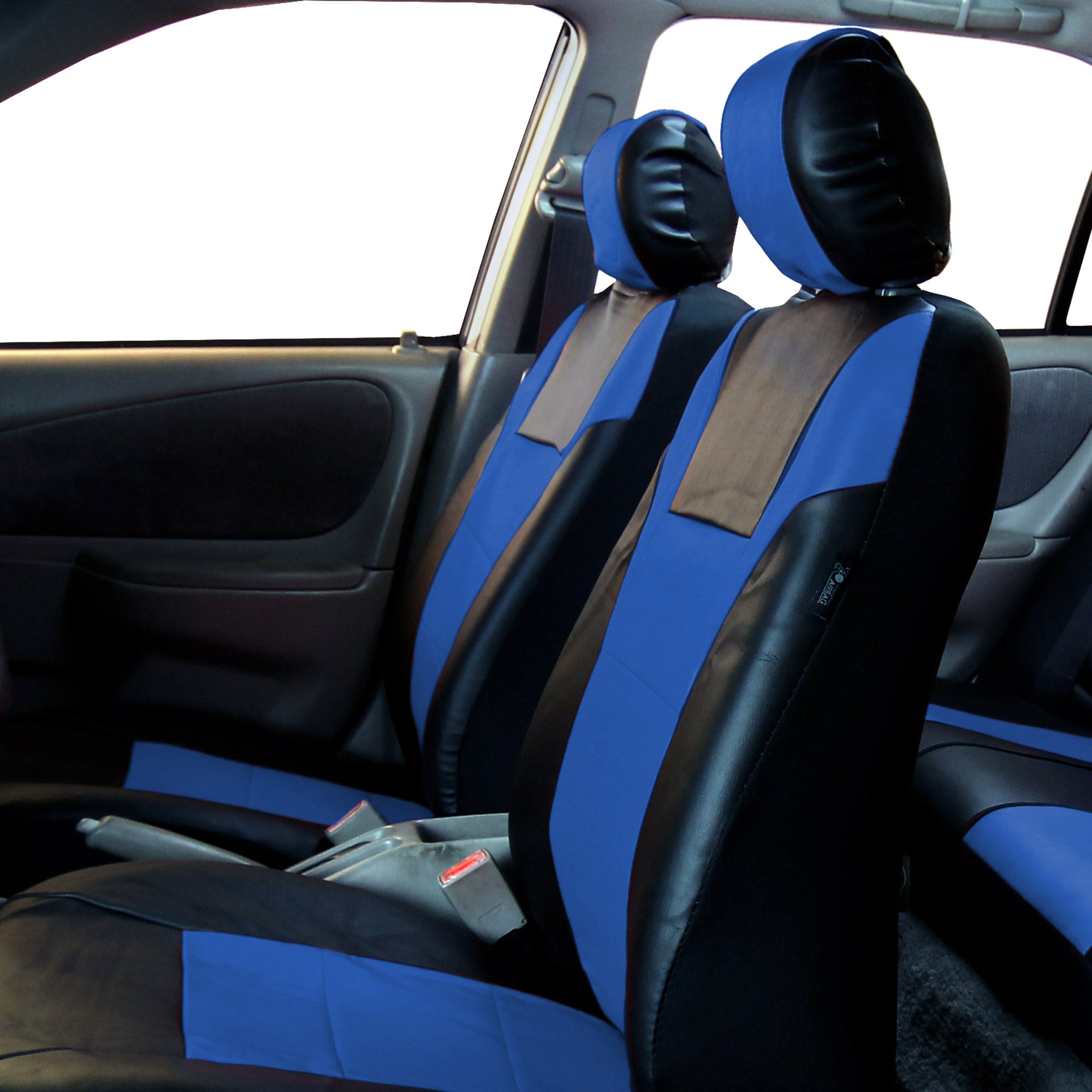 FH Group Racing Faux Leather Airbag Ready Split Bench Car Seat Covers， Full set with Carpet Floor Mats， Blue