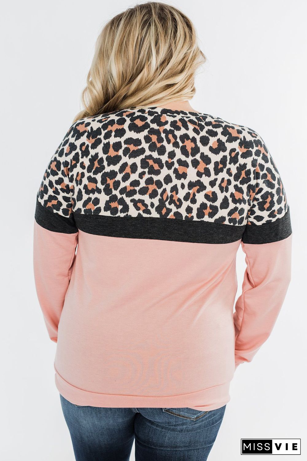 Pink Leopard Colorblock Plus Size Sweatshirt