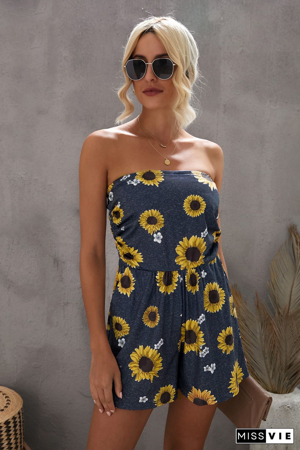 Yellow Floral Print Bandeau Romper with Pockets