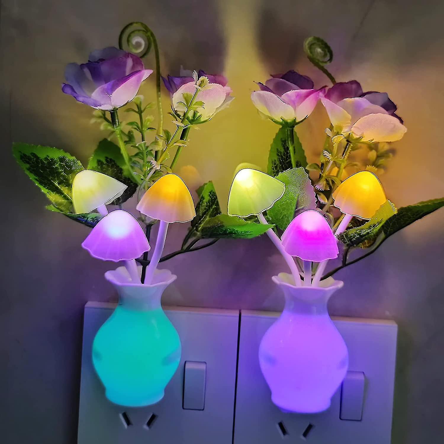 3pack Sensor Night Lights Plug Into Wall Rose Flower Light，liangnv Led Lamp Dream Nightlight Mushroo