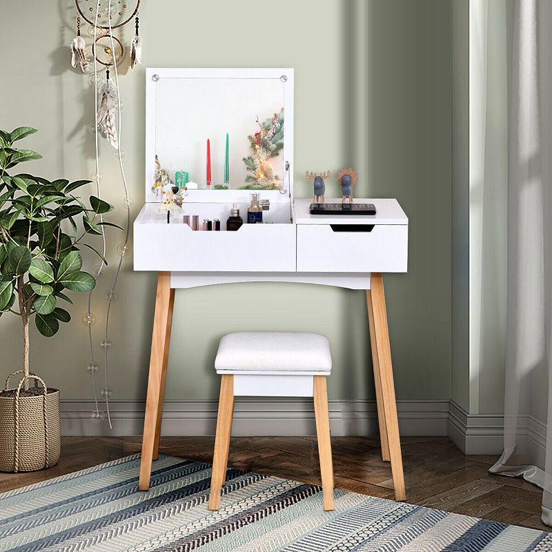 Wooden Vanity Table With Flip Top Mirror And Cushioned Stool