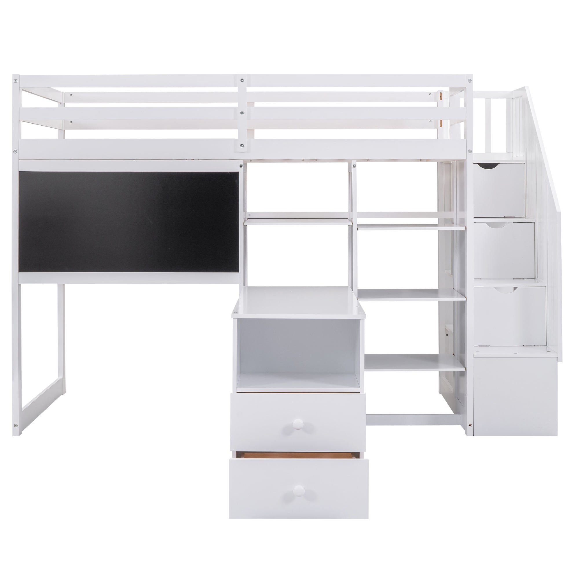 Pine Wood Loft Bed with Storage Staircase, Desk, Drawers and Blackboard for Kids, Twin, White