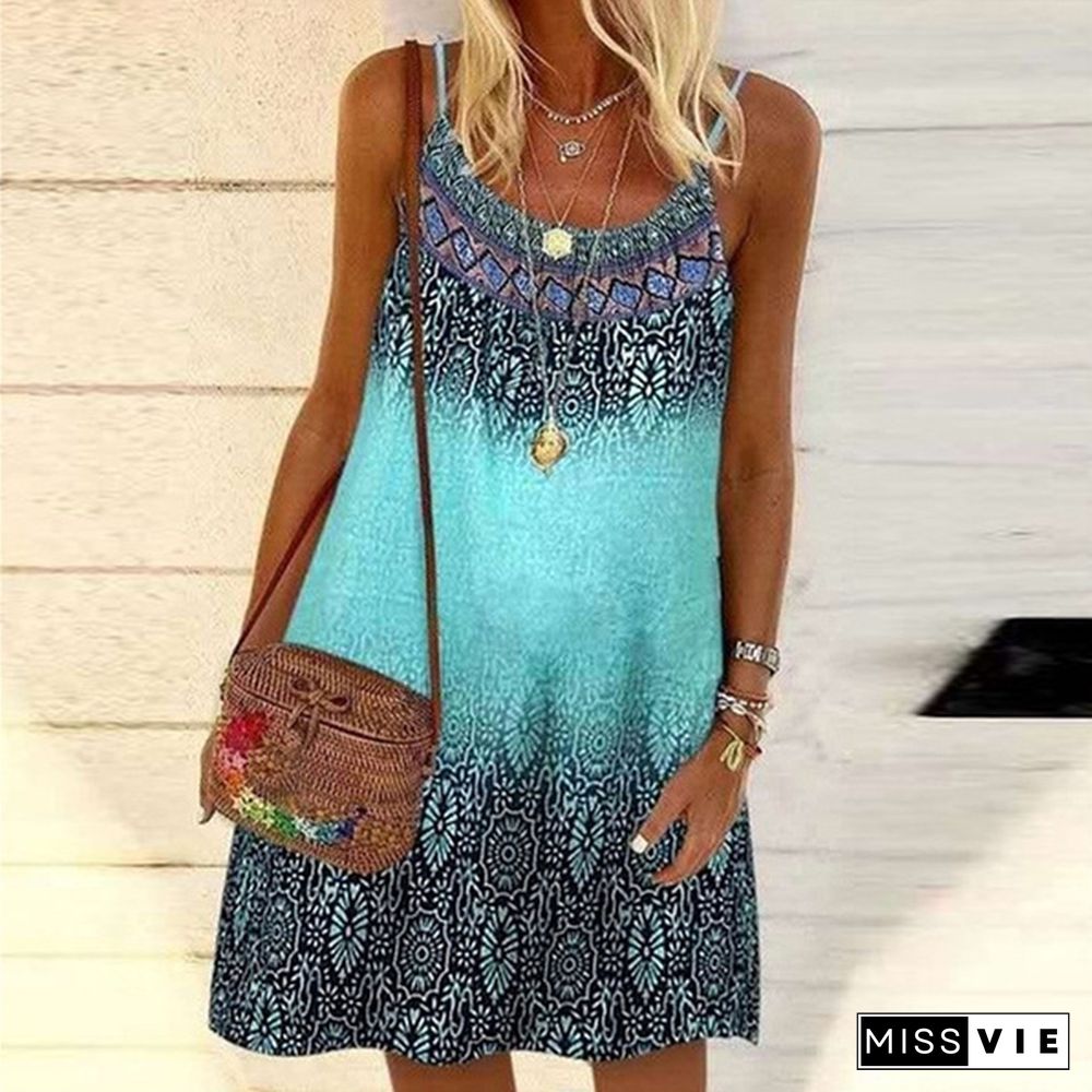 Summer New Fashion Women's Vintage Printed Casual Spaghetti Strap loose Dress Loose Plus Size Dress